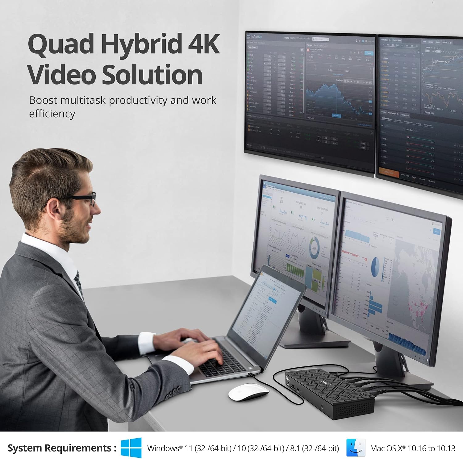 SIIG USB-C Quad 4K 60Hz Docking Station with 100W PD - Quad 4K@60Hz Monitor Laptop Dock - DisplayLink - 4 HDMI 4 DisplayPort, 4X USB-A, 2X USB-C, Thunderbolt 3 Compatible, 2.5 Gigabit Ethernet