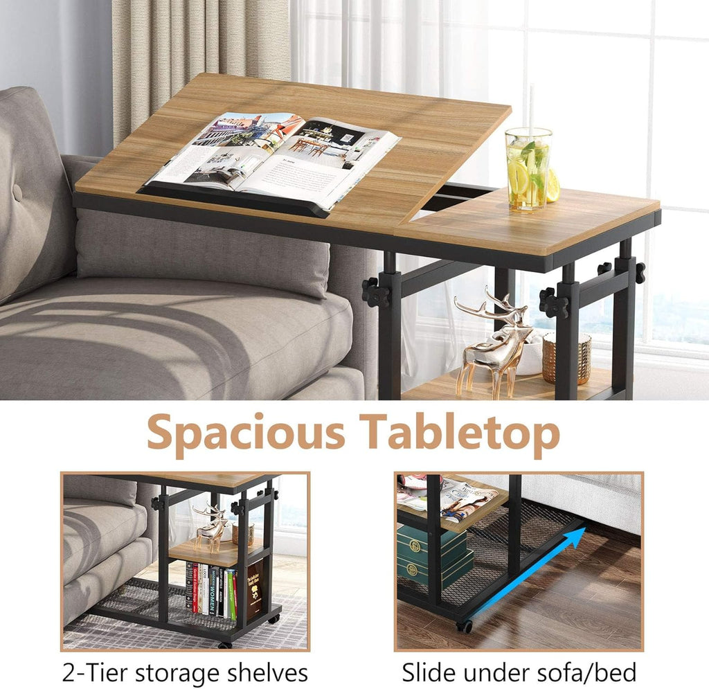 Tribesigns Height Adjustable C Table with Wheels, Mobile Couch Snack Side Table with Tiltable Drawing Board, Sofa Bedside Laptop Stand C Shaped TV Tray with Storage Shelves (Black+Oak)
