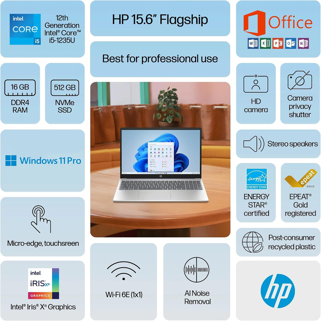 HP 15.6' Touchscreen Pavilion Laptop Computer, 16GB RAM, 1TB Storage (500GB SSD + 500GB Ext), 10-Core Intel i5 Processor, Wi-Fi 6E, Windows 11 Pro with Lifetime Microsoft Office, MarxsolAccessory