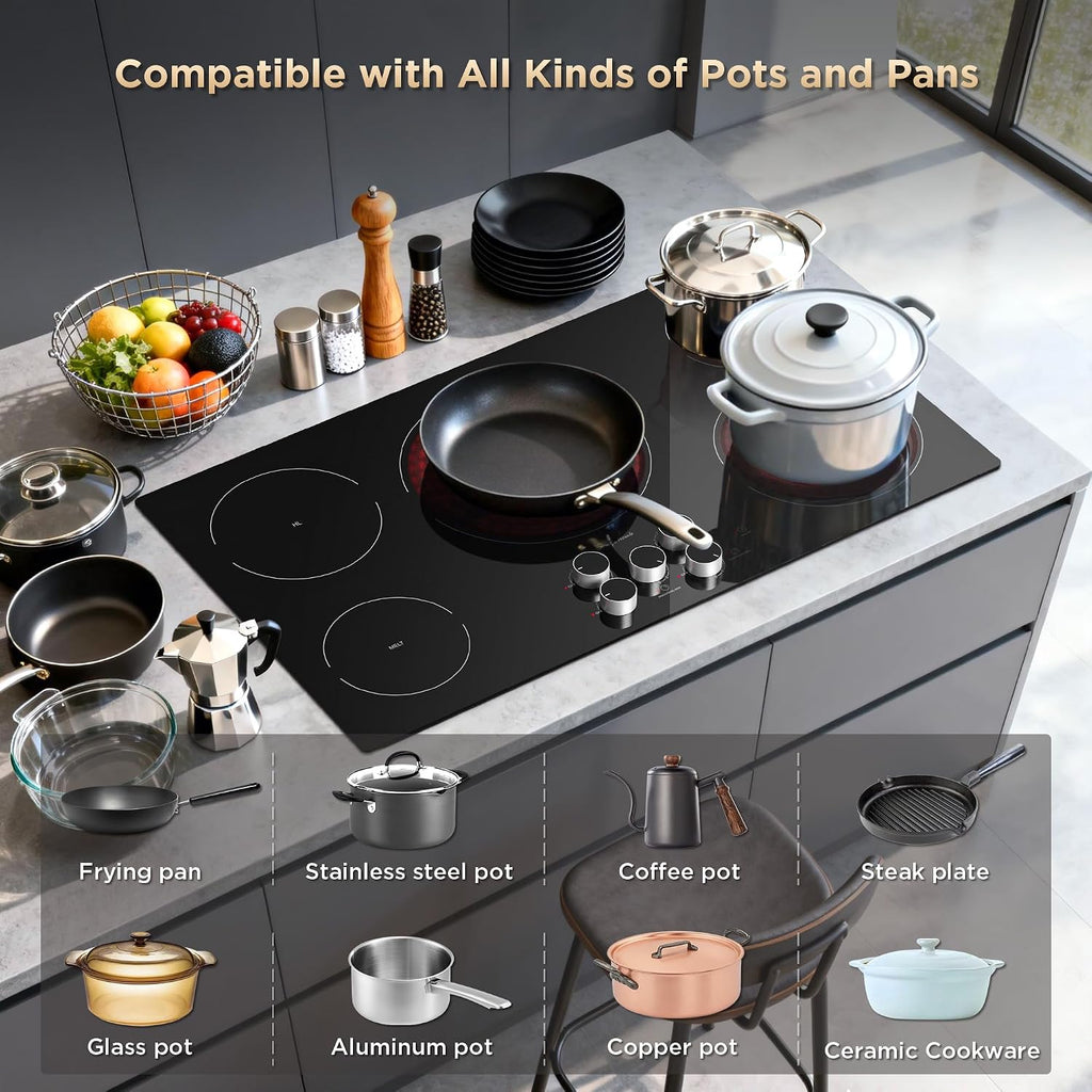 36 Inch Electric Cooktop 5 Burners, Electric Stove Top with Knob Control, Built-in Ceramic Stove, Fast Heat, 9 Heating Level, 9000W with Hard Wire for 220V~240V