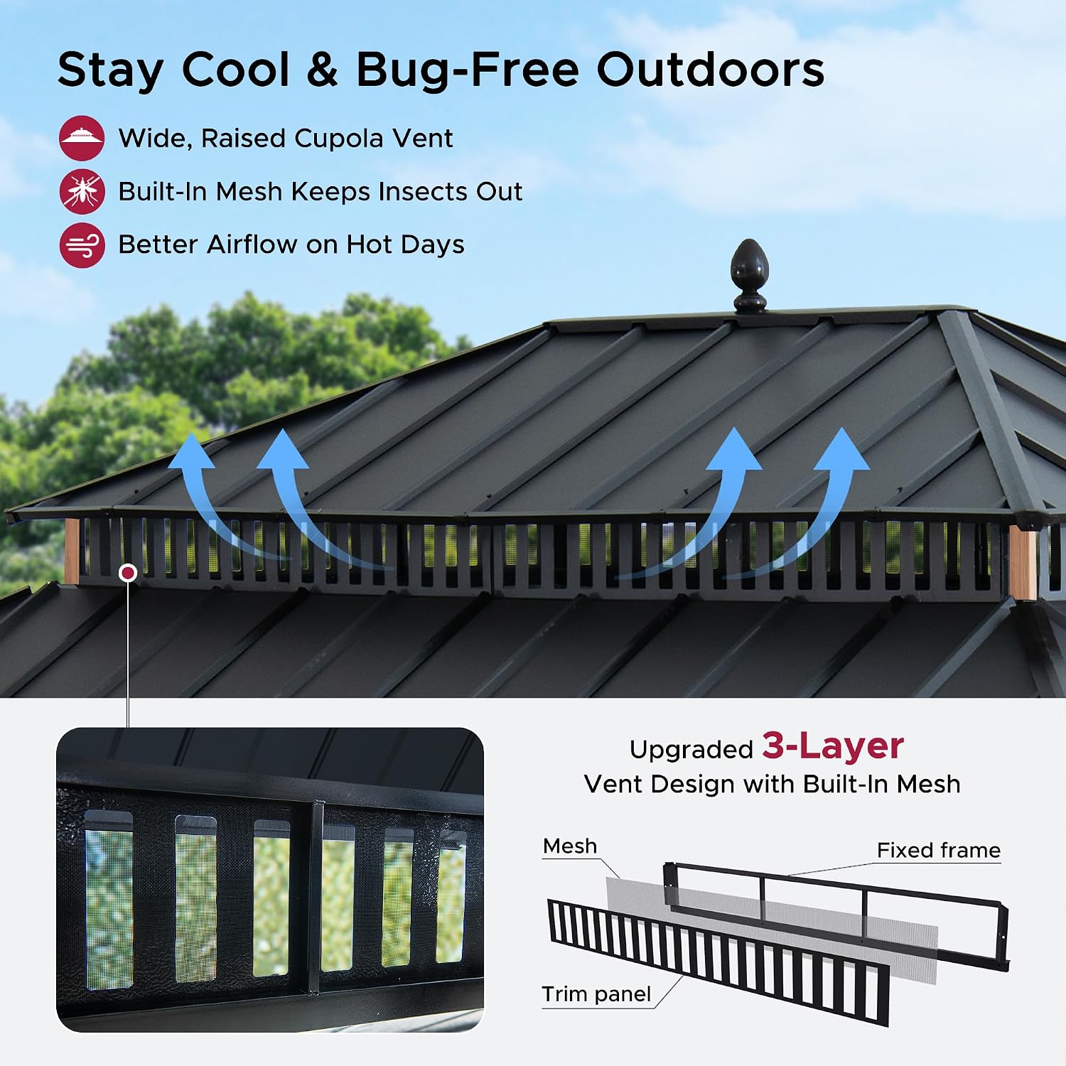 SUNJOY Kingston 16' x 12' Hardtop Gazebo with Galvanized Steel Double Roof, Curtain and Netting, Woodgrain Finish Aluminum Posts Permanent Pavilion Gazebo for Garden, Patio, Deck, Lawn