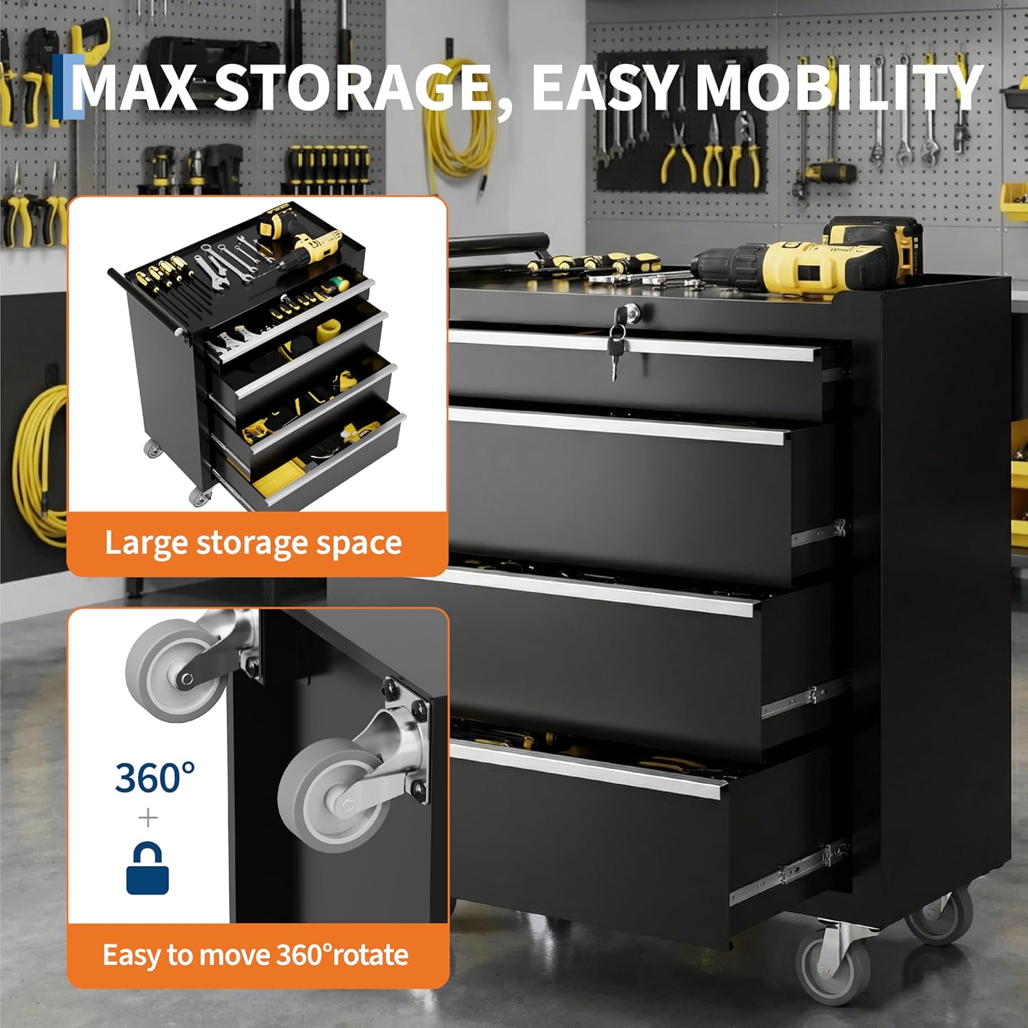 Garvee Rolling Tool Chest, 4 Drawers Tool Storage Cabinet, Toolbox with Wheels, Portable Tool Cabinet Organizer with Locking System & Drawer Liners, Tool Storage Cart for Garage, Workshop, Black
