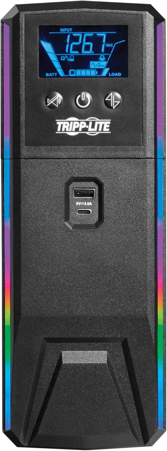 Tripp Lite Pure Sine Wave Gaming UPS Battery Backup, 1200VA 720W 120V, Detachable LCD, Automatic Voltage Regulation, USB, RGB LED Lights, 3-Year Warranty & $250K Insurance (SMART1200PSGLCD)