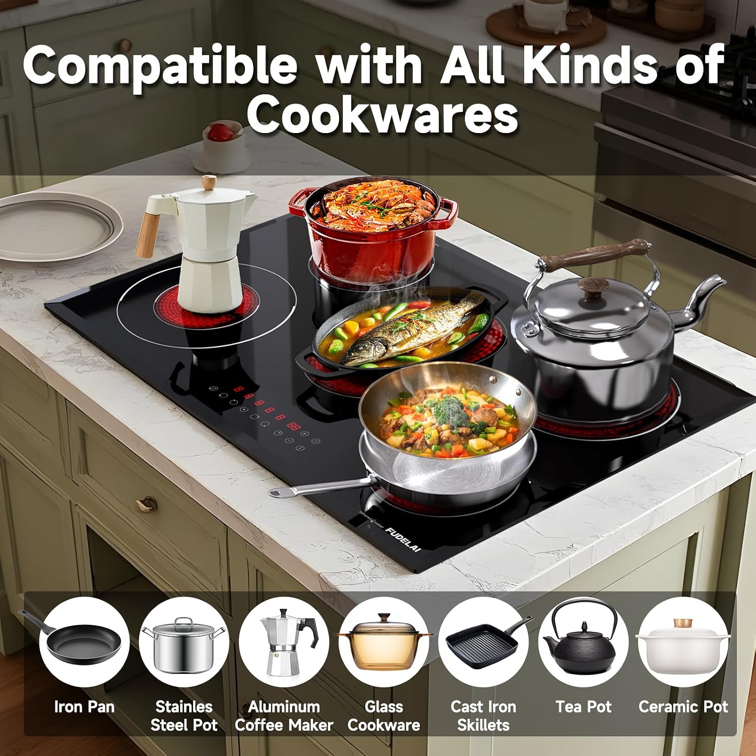 30 Inch Electric Cooktop 5 Burners, 30' 8500W Infrared Cooker with Touch Control & Timer, Built-in/Countertop 9 Power Levels, Child Lock, Auto Safety, Easy-Clean Glass (No Plug)