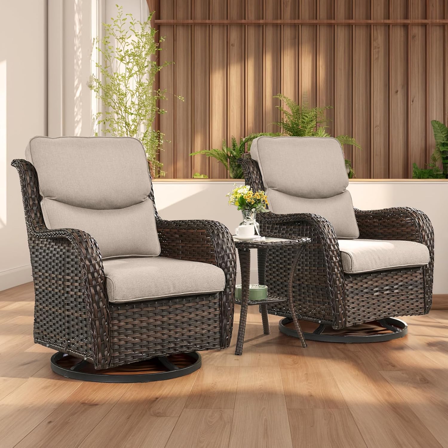 Rilyson Wicker Rocking Chair Swivel Chairs - 2 Piece Rocker Patio Chairs Set Rattan Rocking Chair for Outdoor Porch Deck Garden Backyard (Brown/Beige/Smile)