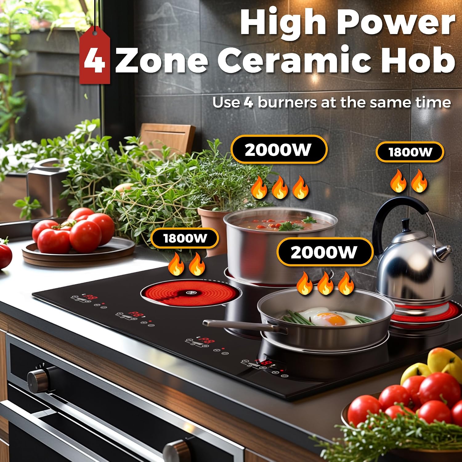 ADVWIN Electric Cooktop, 2 Burner Knob Control Plug in Built-in Ceramic Electric Stove Top with Child Safty Lock & Timer & Over-Temperature Protection & 10 Power Setting (4 burners)