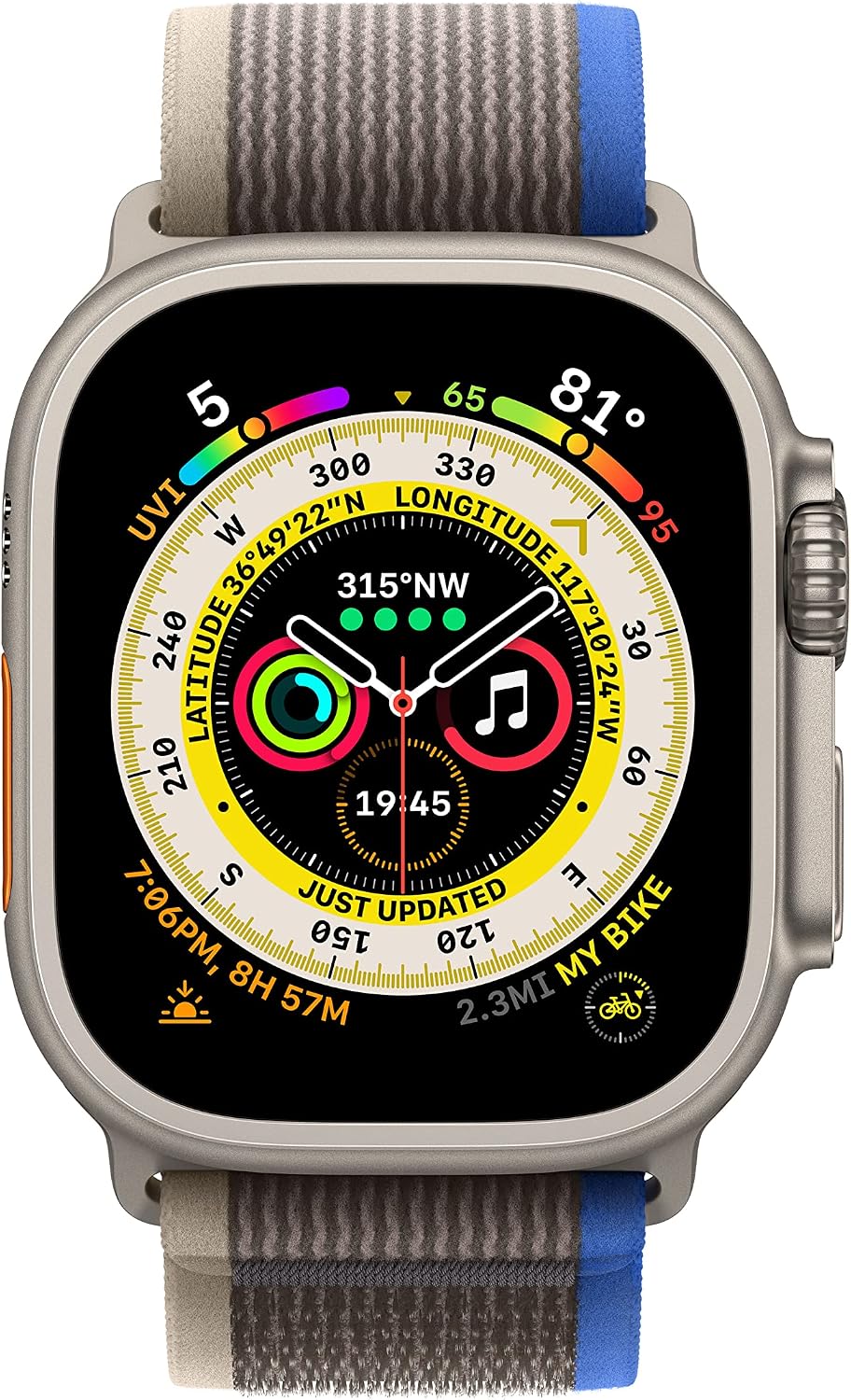 Apple Watch Ultra [GPS + Cellular 49mm] Titanium Case with Blue/Gray Trail Loop, M/L (Renewed)