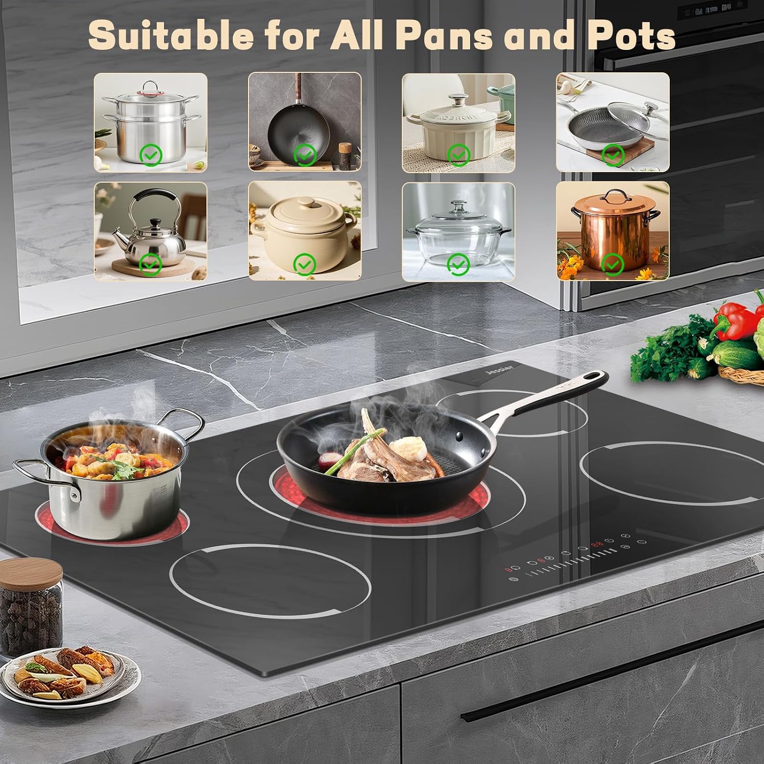 Electric Cooktop 36 Inch - 9200W High Power 5 Burners Electric Stovetop, Built-in 36 Inches Ceramic Burner Knob and Touch, Timer, Safety Lock, Expandable Ring, 220-240V Hard Wired (No Plug)