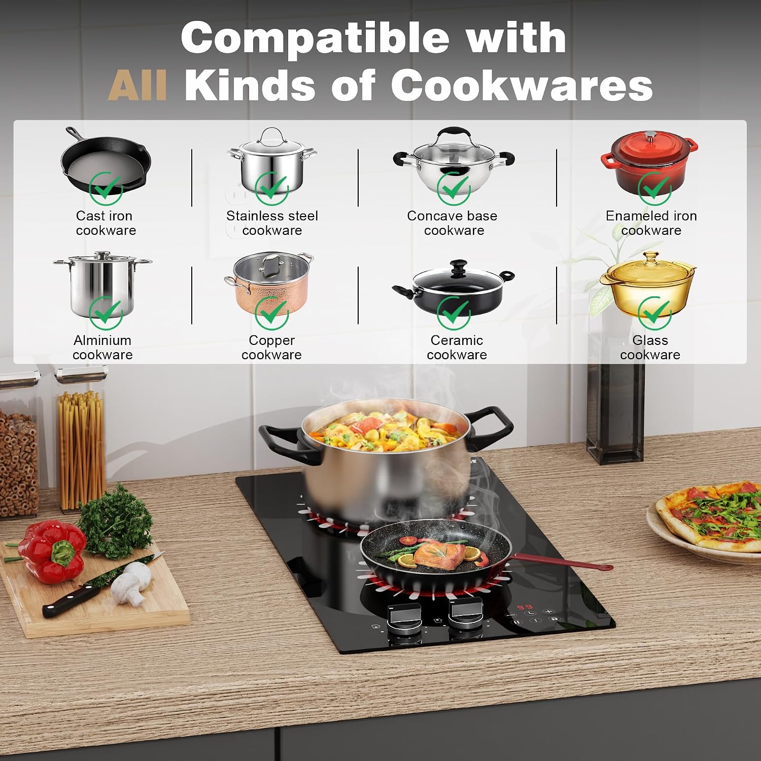 Karinear 110V Electric Cooktop 2 Burners, 12 Inch Electric Stove with Plug in, Countertop & Built-in Ceramic Stove Top, Knob and Sensor Touch Control, Multifunctional Radiant Stove(Black)