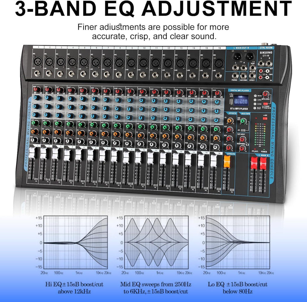 16 Channel Audio Interfacer Sound Board Mixer DJ Mixer 16-Bit DSP Effect USB Audio Mixer +48V Phantom Power Bluetooth Mixer for Karaoke Studio Streaming Recording,Live Streaming