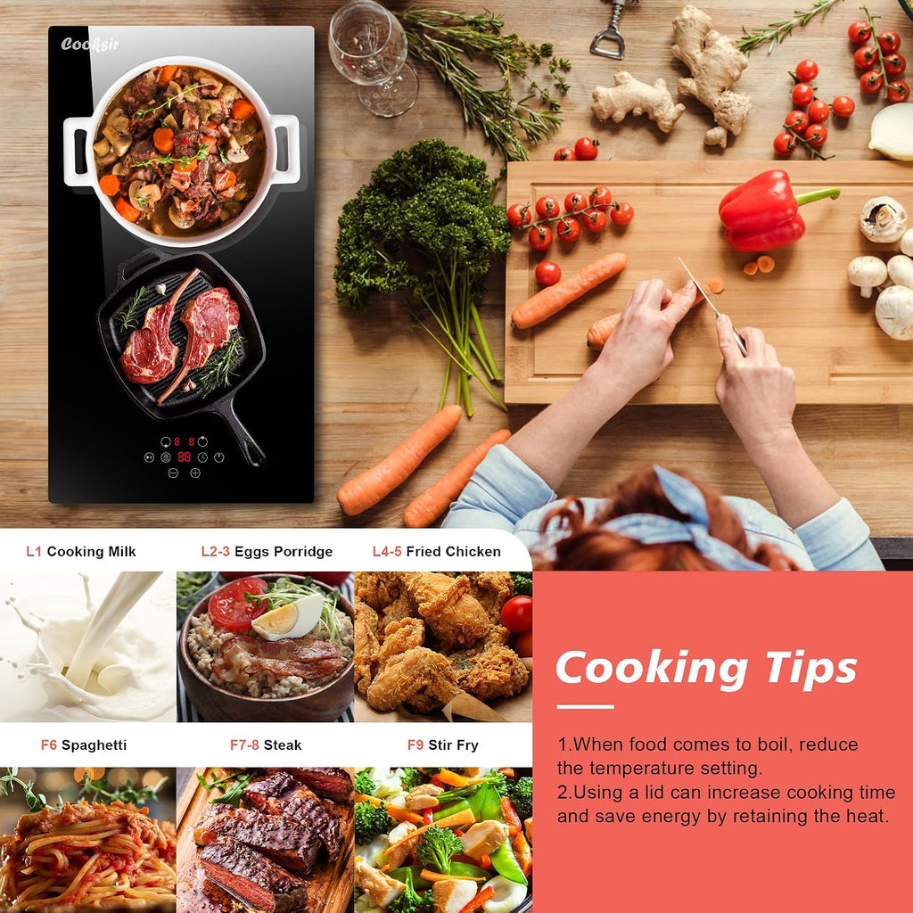 2 Burner Electric Cooktop, 12 inch Electric Stove Top 3000W, Double Burners Ceramic Cook Top with 9 Power Levels, Safety Lock, Timer, Sensor Touch Control, 220-240V Hard Wired (No Plug)