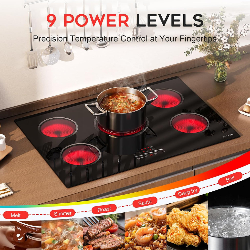 Noxton Electric Cooktop 30 Inch Electric Stove 5 Burners, Built-in Ceramic Cooktop, 9 Heating Level, Pause, Timer, Child Safety Lock, Triple Ring, 220V Hardwire