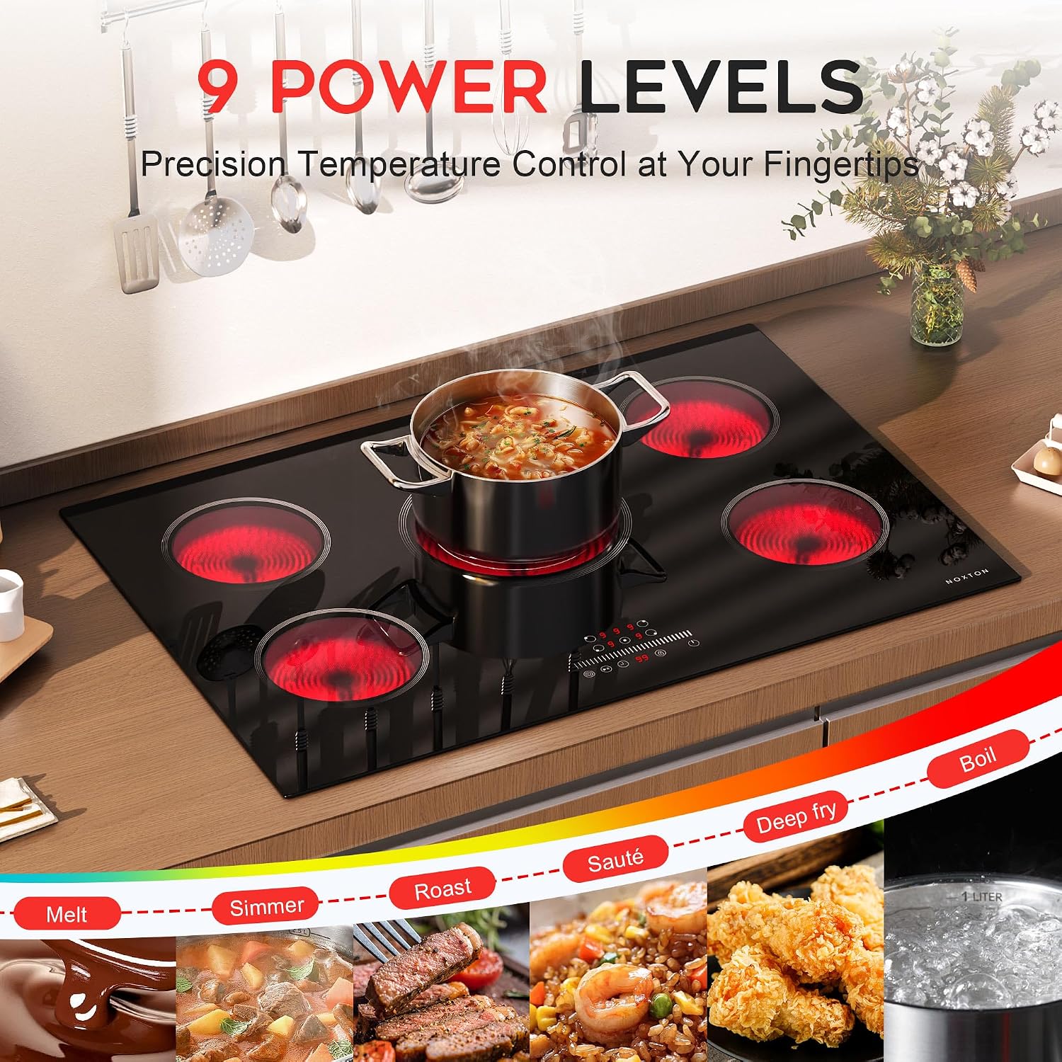 Noxton Electric Cooktop 30 Inch Electric Stove 5 Burners, Built-in Ceramic Cooktop, 9 Heating Level, Pause, Timer, Child Safety Lock, Triple Ring, 220V Hardwire