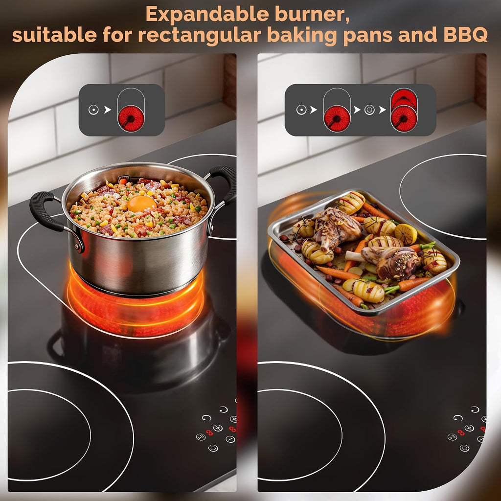 Noxton Electric Cooktop 30 Inch,8400W High Power 5 Burners Radiant Stove Top, Child Safety Lock, Timer, Pause, Hard Wire 240V, Drop-in Install