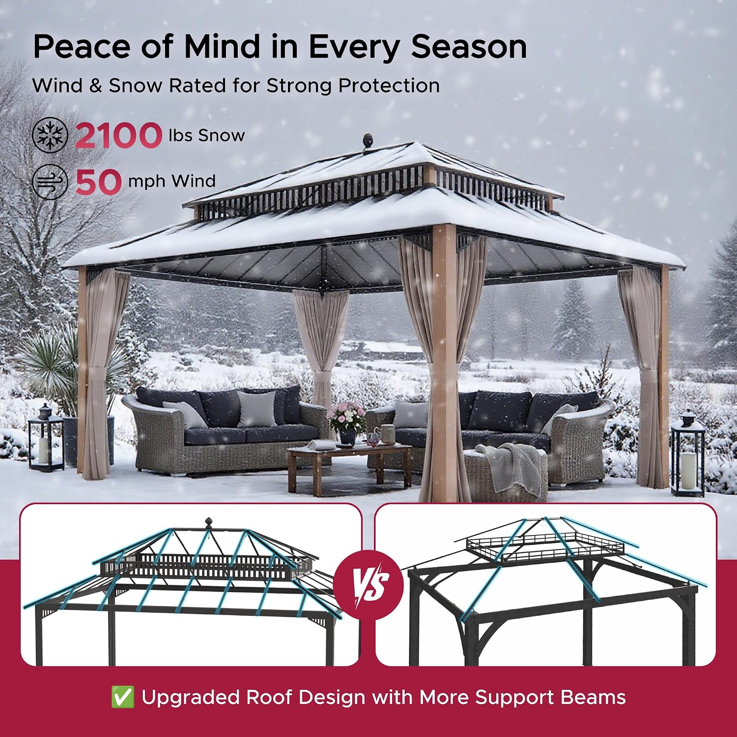 SUNJOY Kingston 16' x 12' Hardtop Gazebo with Galvanized Steel Double Roof, Curtain and Netting, Woodgrain Finish Aluminum Posts Permanent Pavilion Gazebo for Garden, Patio, Deck, Lawn