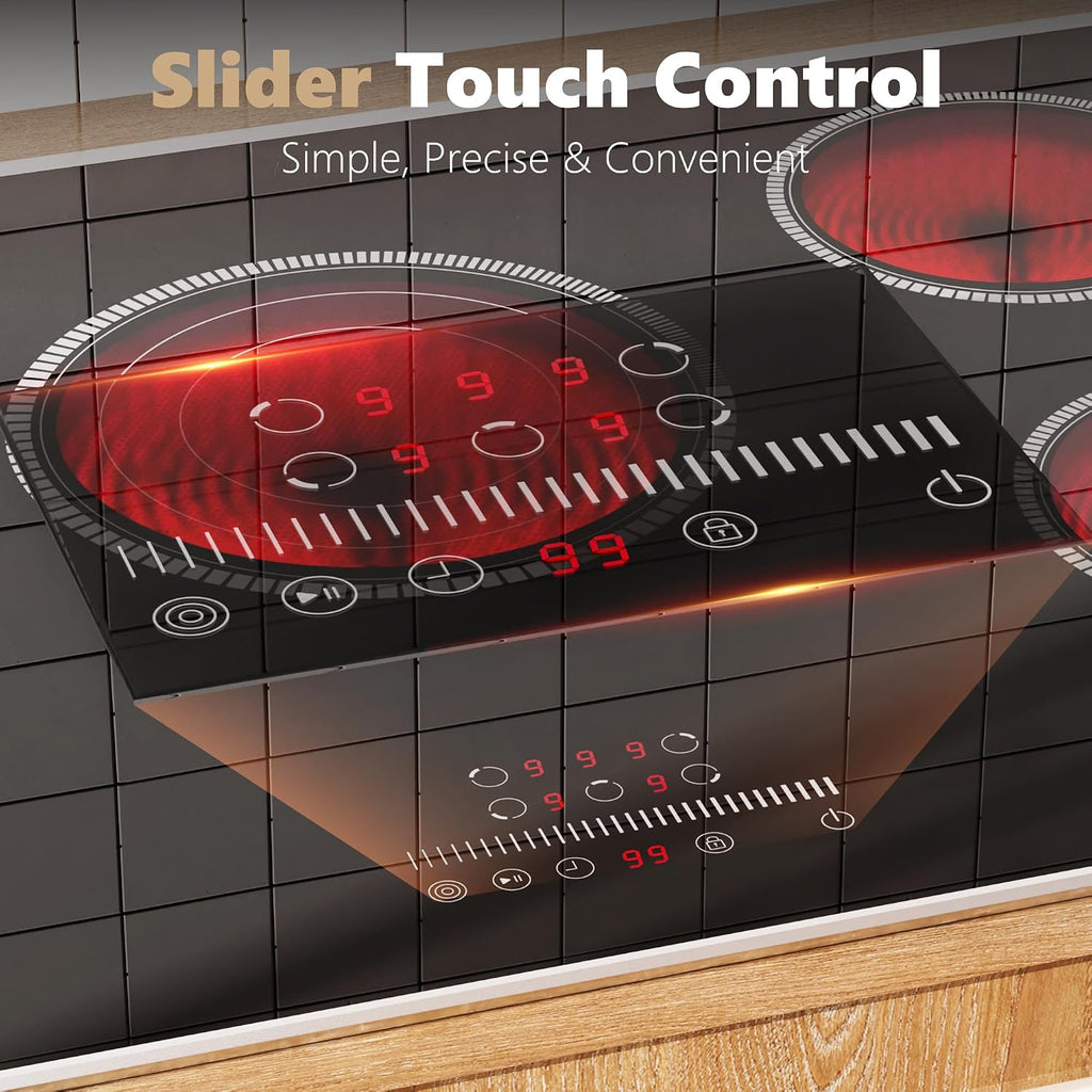 30 Inch Electric Cooktop, 5 Burner Electric Stove Top 6900W, 30' Built-In Ceramic Countertop with Metal Frame, Child Lock, Timer, Slide Control, 220-240V Hardwired (No Plug)
