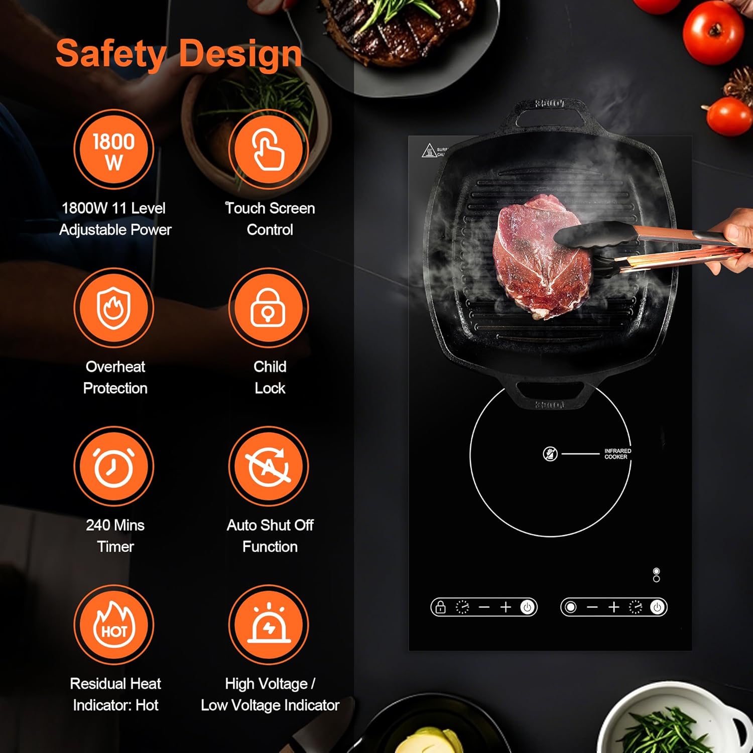 Dual Coil Design of Infrared Double Burner, 1800W Electric Ceramic Hot Plate for Cooking, 2 Burner Cooker Portable Countertop or 12inch Built-in Cooktop Radiant Stove Top, Compatible with All Cookware