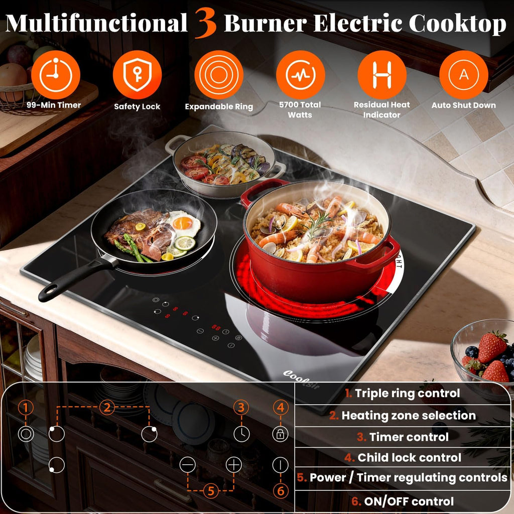 24 Inch Electric Cooktop, 3 Burner Built-in Ceramic Stove Top 220V-240V, 5700W Radiant Electric Cook Top with Touch Control, Timer, Safety Lock, 220V Hard Wired (No Plug)