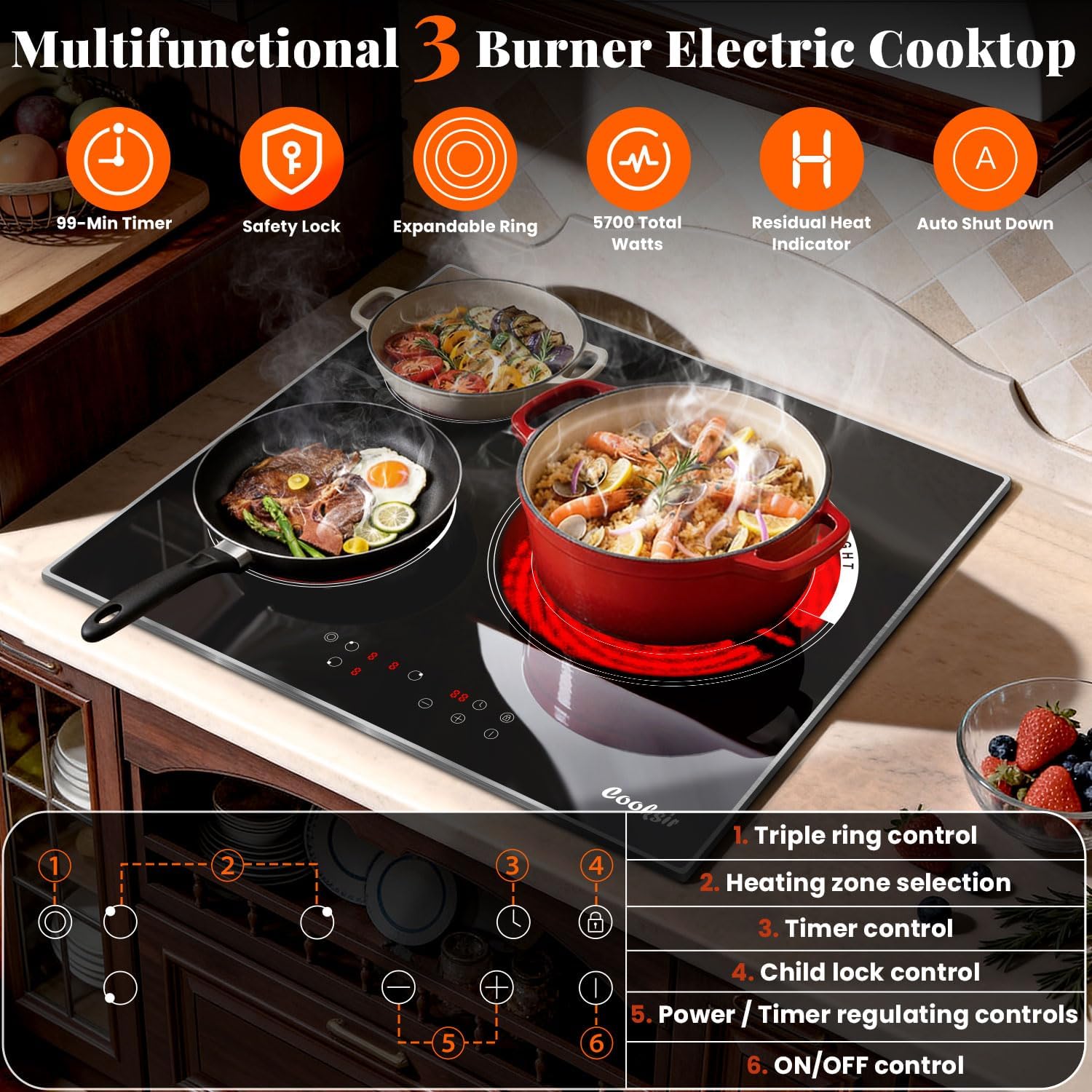 24 Inch Electric Cooktop, 3 Burner Built-in Ceramic Stove Top 220V-240V, 5700W Radiant Electric Cook Top with Touch Control, Timer, Safety Lock, 220V Hard Wired (No Plug)