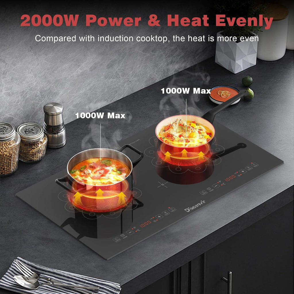 2 Burner Electric Cooktop - 24 Inch Electric Stove Built-in(23'x13') and Countertop(24'x14'), Two Burner Ceramic Cook Top with Child Lock, Timer, Sensor Touch Control, 110V Plug in