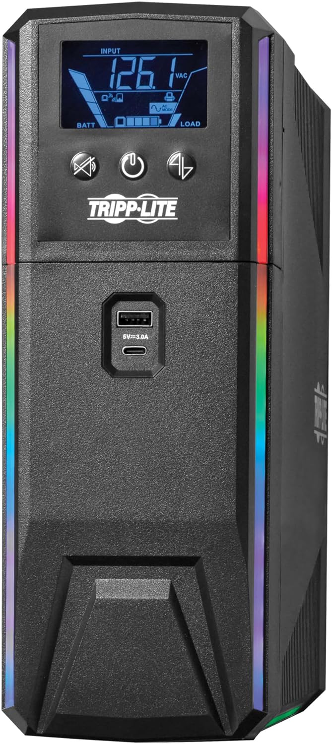 Tripp Lite Pure Sine Wave Gaming UPS Battery Backup, 600VA 360W 120V, Detachable LCD, Automatic Voltage Regulation, USB, RGB LED Lights, 3-Year Warranty & $250K Insurance (SMART600PSGLCD)