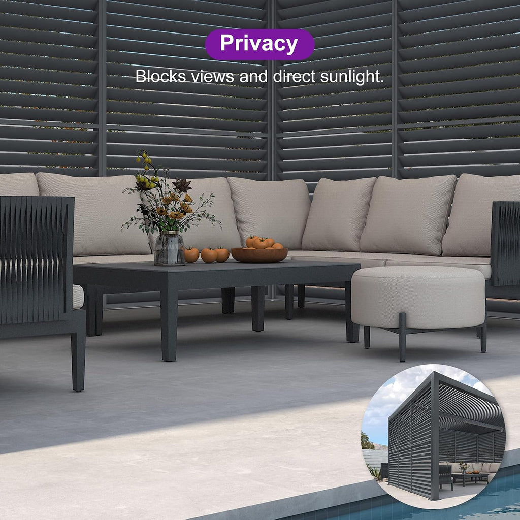 PURPLE LEAF Louvered Pergola 94AS 11' x 14' Outdoor Aluminum Pergola with Fixed Shutter Wall Adjustable Roof for Deck Backyard Grey Hardtop Gazebo, 1 Short Side