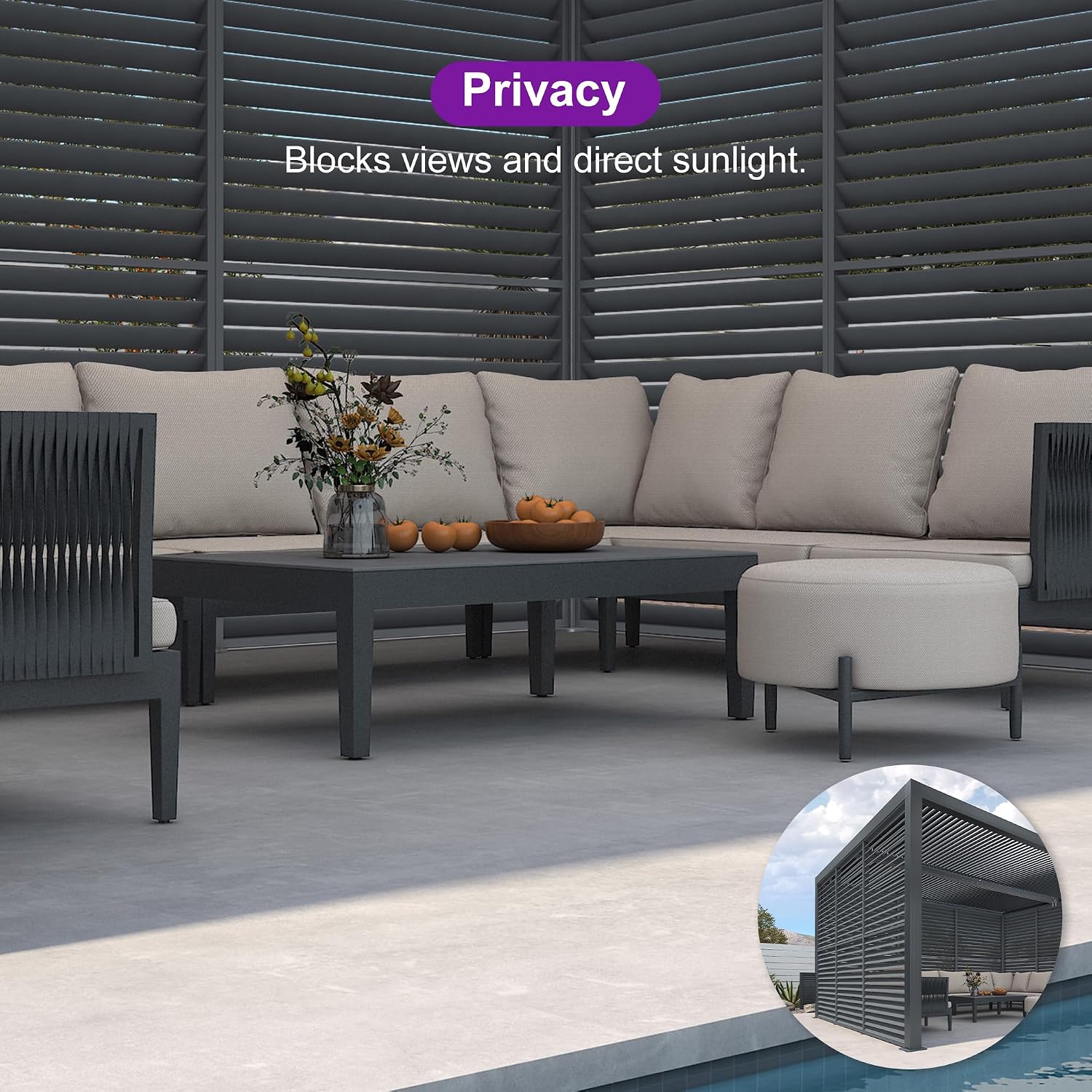 PURPLE LEAF Louvered Pergola 94AS 11' x 14' Outdoor Aluminum Pergola with Fixed Shutter Wall Adjustable Roof for Deck Backyard Grey Hardtop Gazebo, 1 Short Side