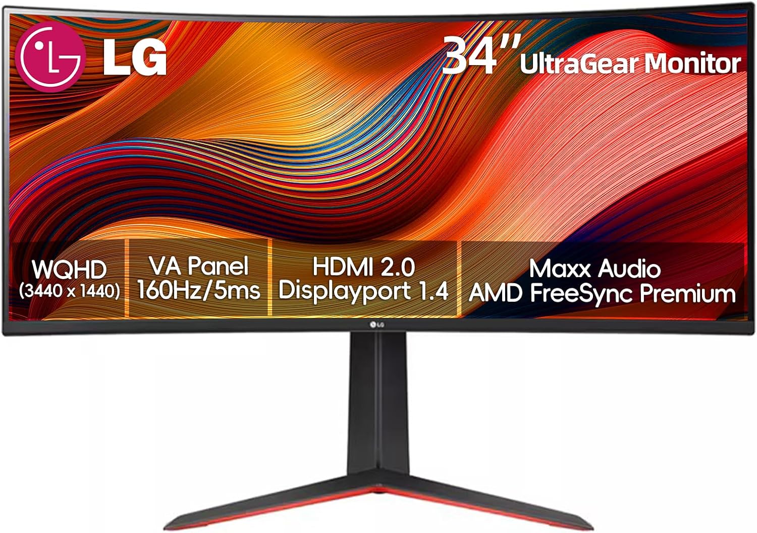 LG 34 Inch Curved Ultragear QHD(3440x1440) IPS Gaming Monitor, 160Hz, AMD FreeSync, HDR10, sRGB 99%, OnScreen Control, Multitasking and Content Creation, DisplayPort & HDMI, Tilt/Height Adjustable