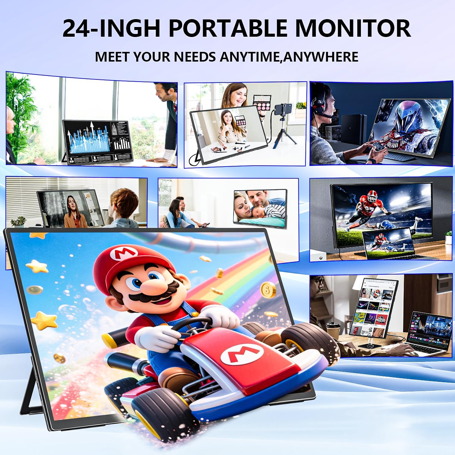 4K Large Portable Monitor 24' Travel Monitor UHD 3840*2160 120% sRGB External Second Screen for MacBook Laptop Desktop Mini PC W/Stand VESA HDMI USB-C Gaming Display for PS5/Xbox Devices(O2401) (4K)