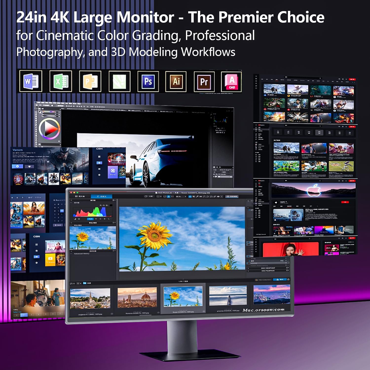 4K Large Portable Monitor 24' Travel Monitor UHD 3840*2160 120% sRGB External Second Screen for MacBook Laptop Desktop Mini PC W/Stand VESA HDMI USB-C Gaming Display for PS5/Xbox Devices(O2401) (4K)
