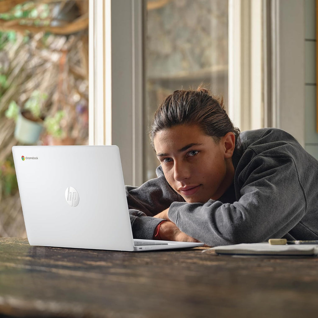 HP Chromebook 14 inch Laptop, HD Display, Intel Processor N100, 4 GB RAM, 64 GB eMMC, Intel UHD Graphics, Chrome OS, Glacier Silver, 14a-nf0019nr