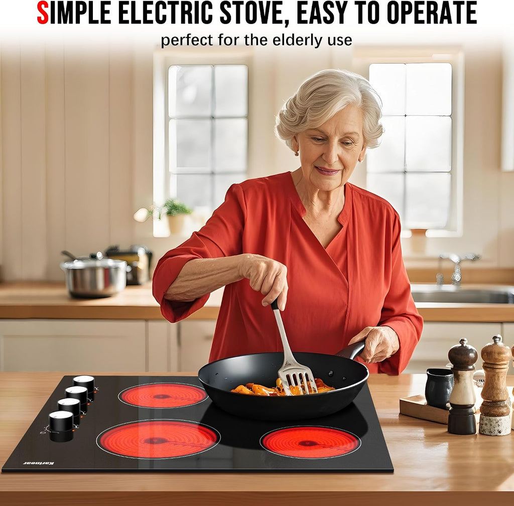Karinear 24 Inch Electric Cooktop 4 Burners Electric Stove, Knob Control,6000W, Built-in Radiant Hob,Residual Heat Indicator, Overheat Protection,Hardwired 220V Radiant Ceramic Stove (White Knob)