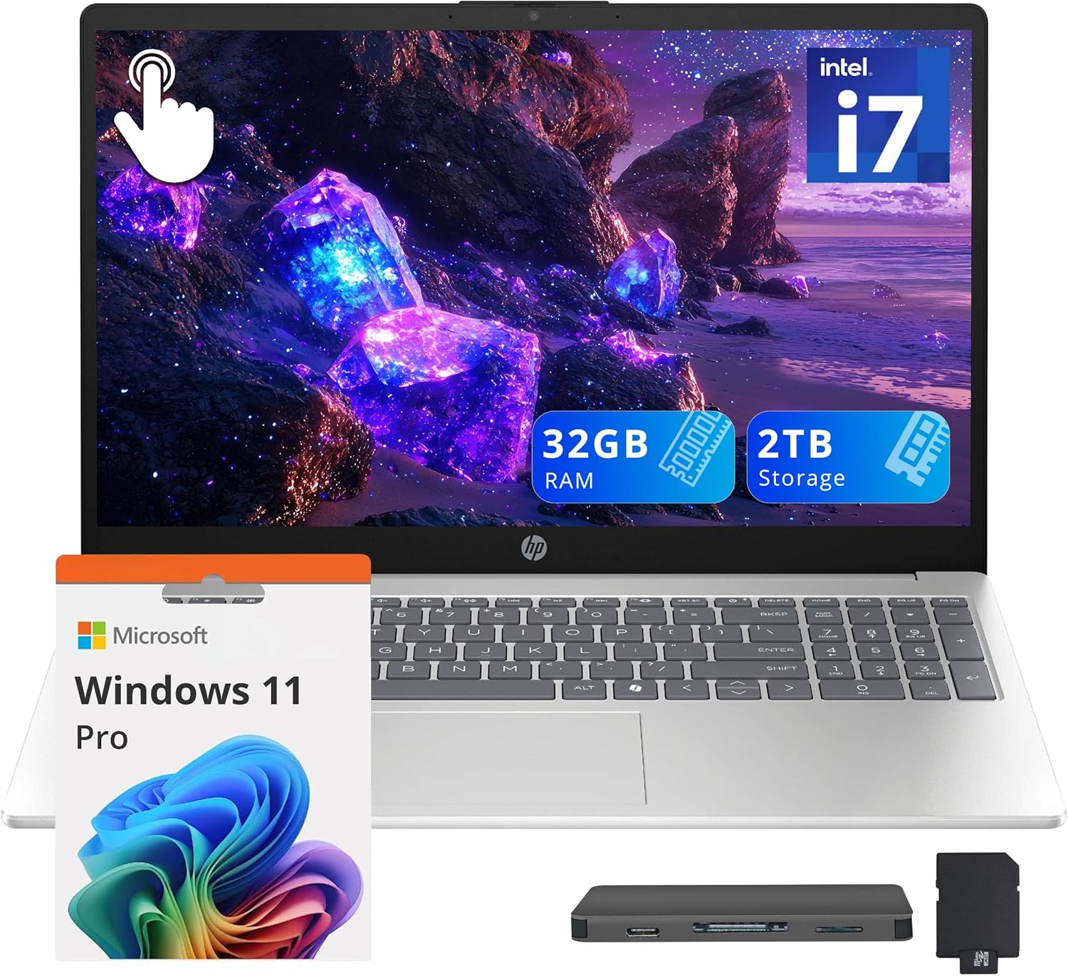 HP 15.6' FHD Touchscreen Laptop, Intel i7-1355U, 32GB RAM, 2TB Storage(1TB SSD+1TB Docking Station Set), Intel Iris Xe Graphics, Number Pad, 720p HD Camera, Wi-Fi 6, Win11 Pro, Silver