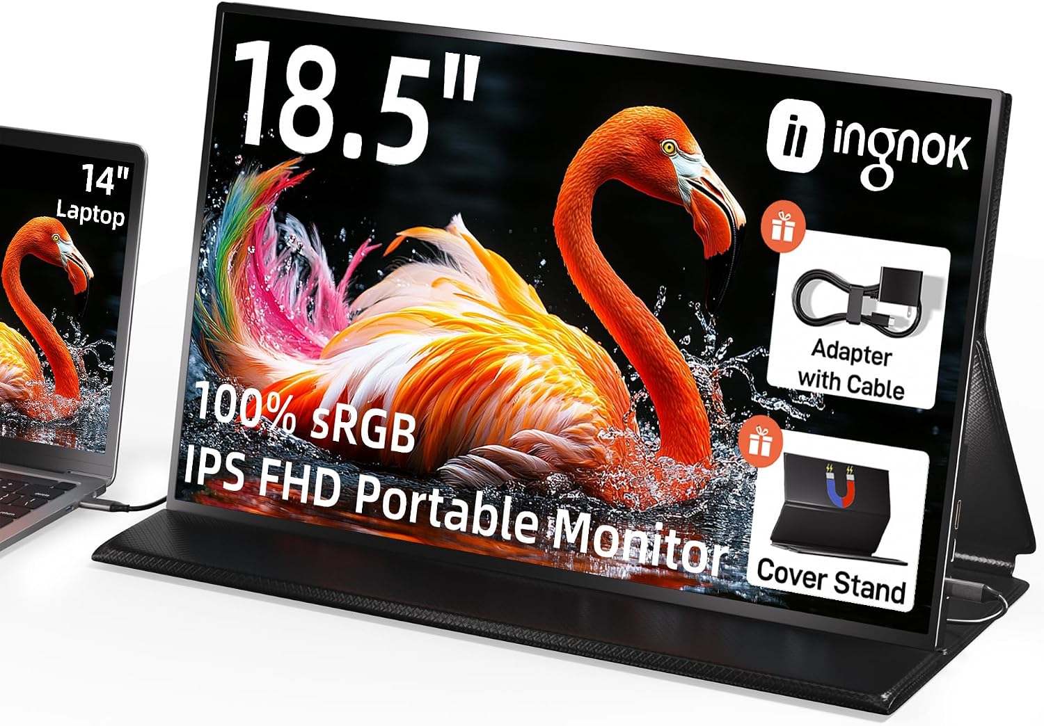 Ingnok Portable Monitor, 18.5 Inch FHD 1080P 100% sRGB Laptop Screen Extender USB C HDMI Portable Gaming Monitor w/Smart Cover & Speakers, External Monitor for Laptop Mac PC