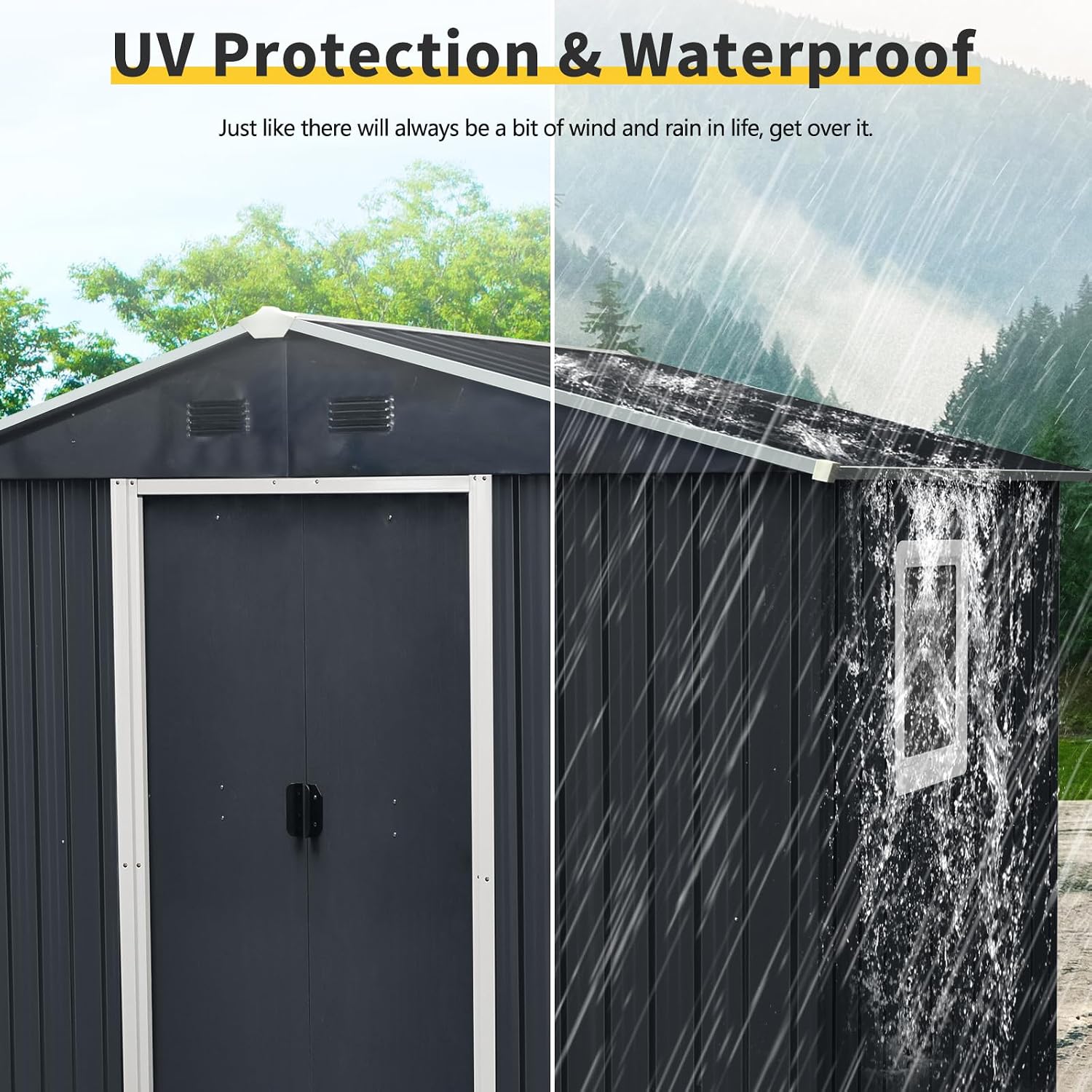 8 x 4 FT Outdoor Storage Shed, Metal Garden Shed with Floor Frame, Tool Shed Outdoor Storage with Lockable Sliding Doors & Window & Air Vent, Storage House Waterproof for Backyard, Lawn, Black + White