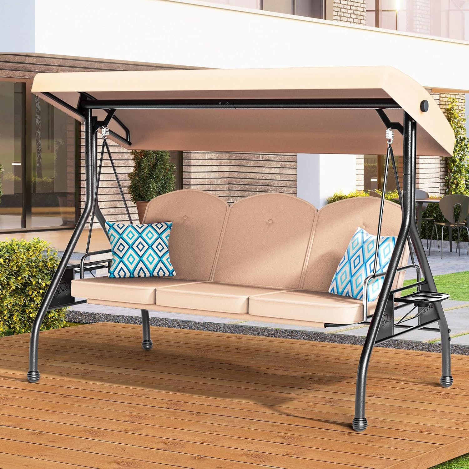 ZZW 3 Seat Outdoor Porch Patio Swing with Stand 800lbs 2-in-1 Convertible Swing Bed with Adjustable Canopy & Removable Cushion for Yard Garden Deck (Khaki, Round Tube)