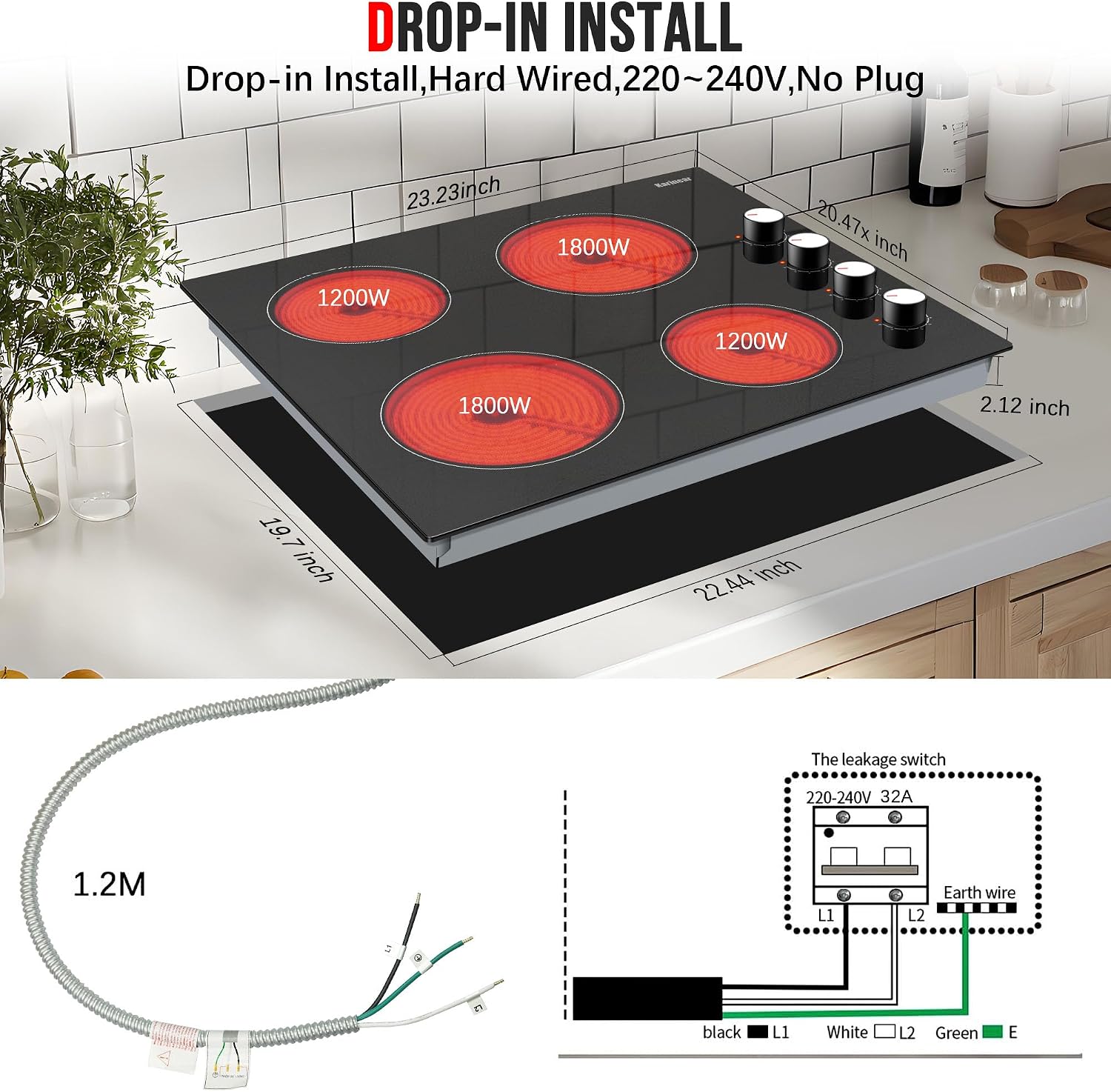 Karinear 24 Inch Electric Cooktop 4 Burners Electric Stove, Knob Control,6000W, Built-in Radiant Hob,Residual Heat Indicator, Overheat Protection,Hardwired 220V Radiant Ceramic Stove (White Knob)