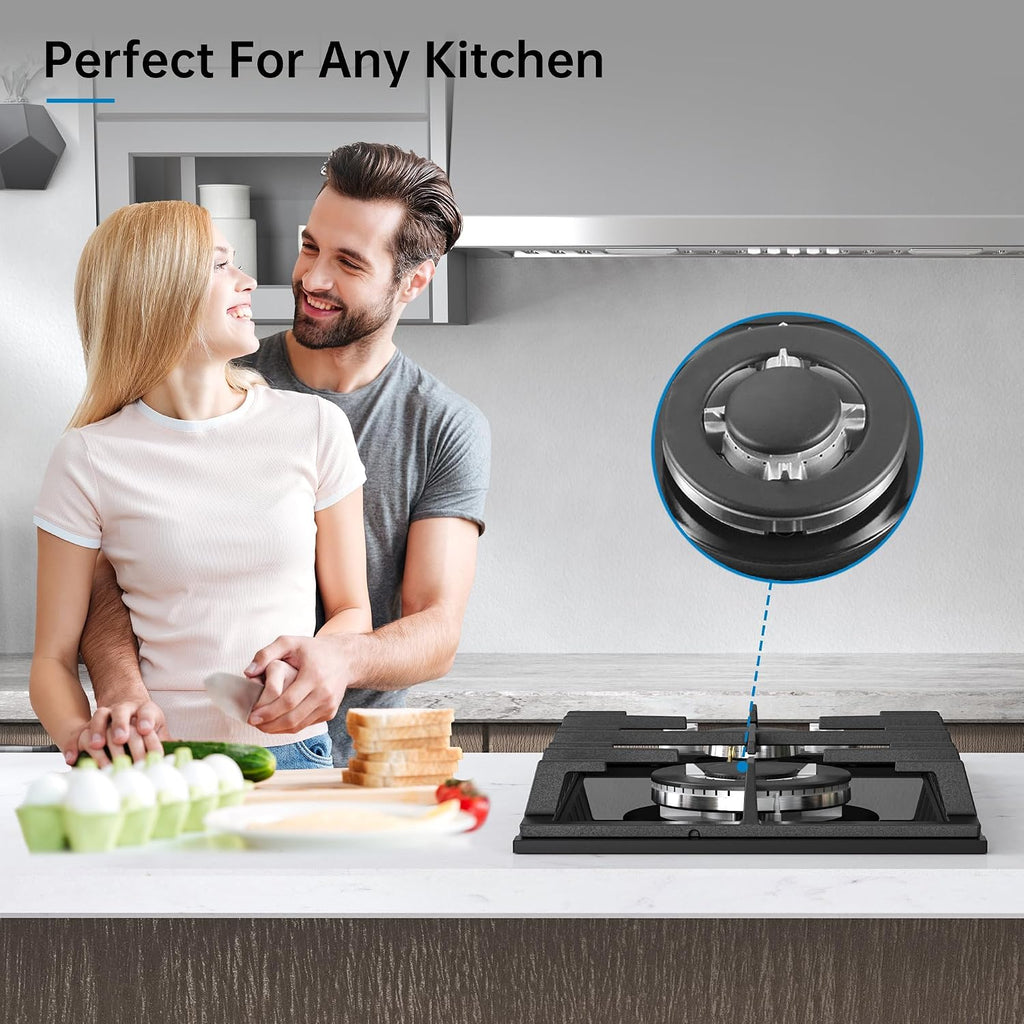 Amzgachfktch Gas Cooktop 2 Burner Propane Cooktop, 12 Inch Gas Stove Top with Thermocouple Protection, LPG/NG Dual Fuel Built-in Tempered Glass Stove for Apartment, Indoor, RV