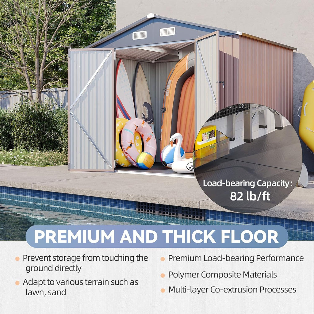 8x6 Galvanized Metal Shed with 15mm Moisture-Proof Floor – Heavy Duty Outdoor Storage Shed, Double Doors & Sloped Roof, Ventilation Design for Bike, Generator, Garden Tools (8x6 with Floor)