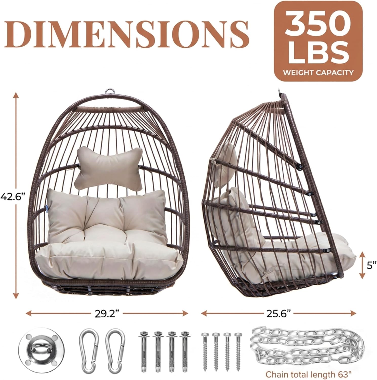 Nicesoul Outdoor Hanging Egg Chair Without Stand, Patio Wicker Swing Egg Basket Chairs with Padded Cushions, 350 Lbs Ceiling Tree Swinging Egg-Shaped Chair No Stand for Indoor Bedroom Porch, Brown