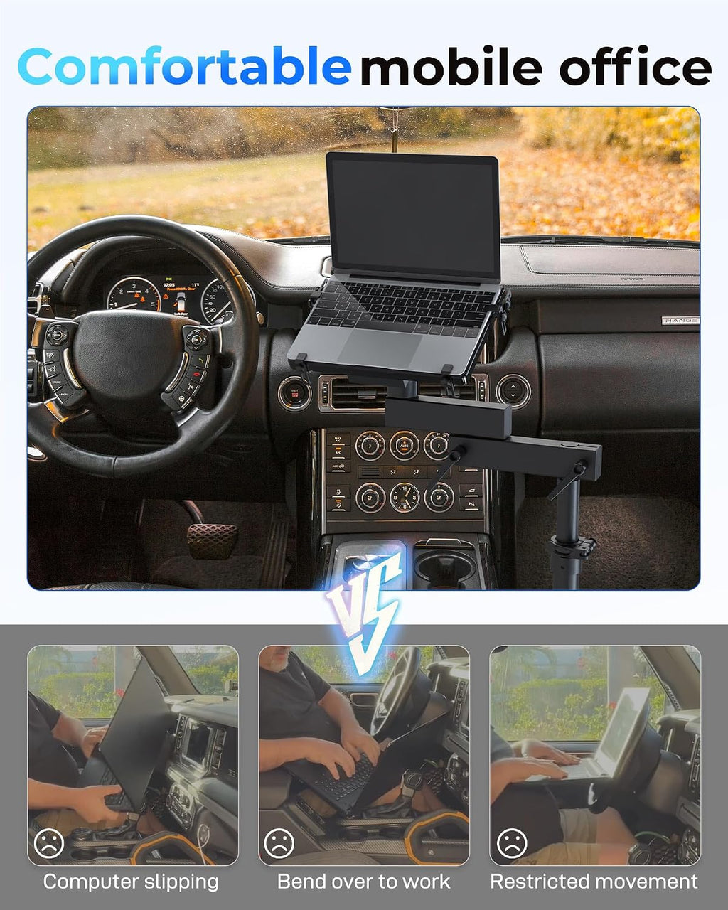 Car Laptop Mount with 2 Cooling Fans, No-Drill Adjustable Vehicle Computer Mount for Trucks, Vans, Heavy Duty Aluminum Laptop Holder for Work on The Go