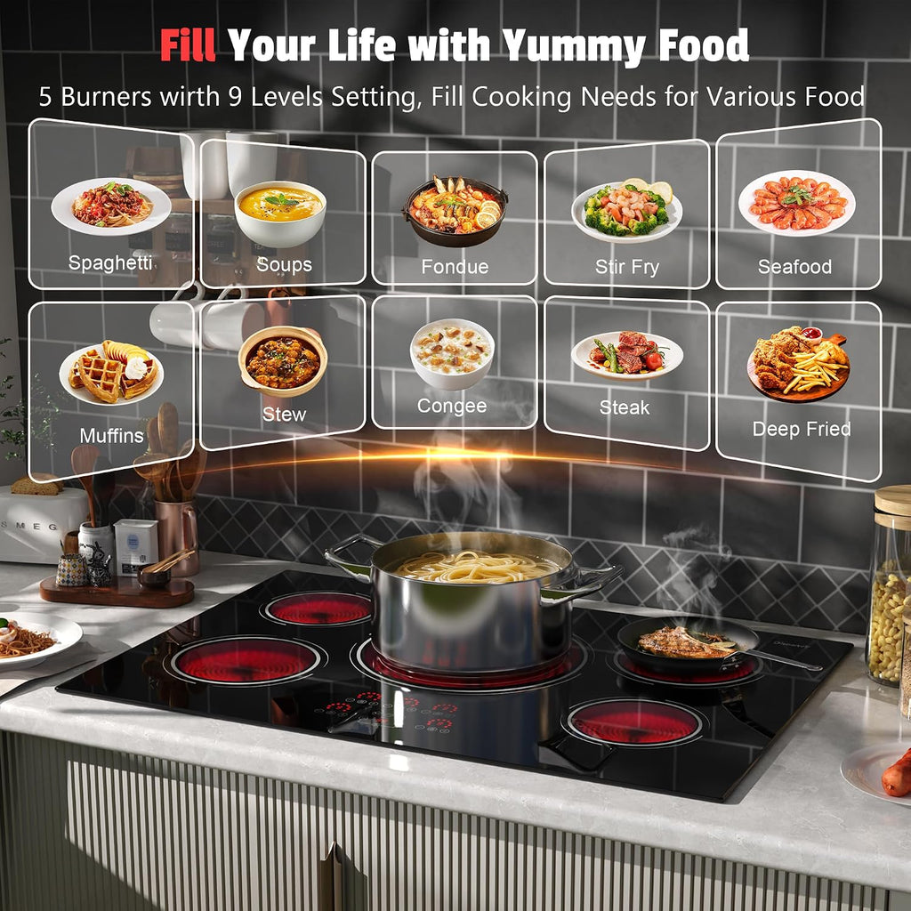 30 Inch Electric Cooktop - 9000W Powerful 5 Burner Electric Stovetop, 220V Built-in Ceramic Stove 30 Inches with Triple Ring, Timer, Safety Lock, Pause, 220V-240V Hard Wired (No Plug)