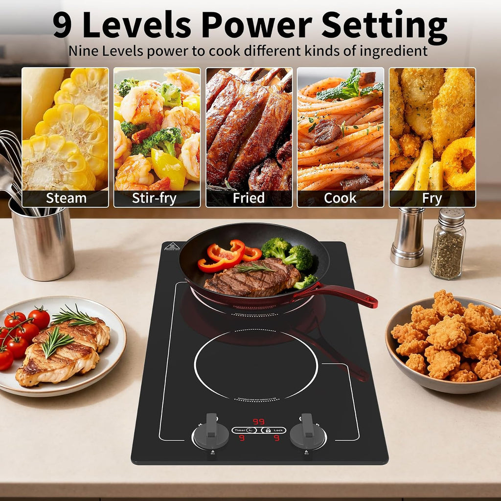 VBGK Induction Cooktop,110V 2300W 2 burner hot plate with Knob Control,9 Power Levels, Kids Lock & Timer,LED touch control,Overheat Protection Electric stove,2 burner induction cooktop