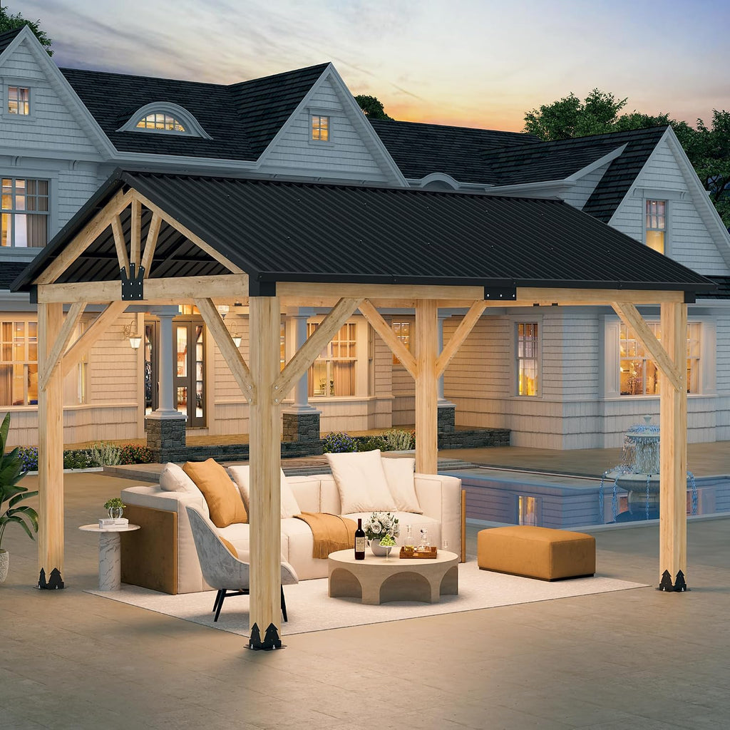 LVUYOYO 10' x 12' Wood Gazebo, Outdoor Hardtop Gazebo, Galvanized Steel Gable Roof Pergola, Outdoor Pavilion for Patio, Backyard, Garden, Deck