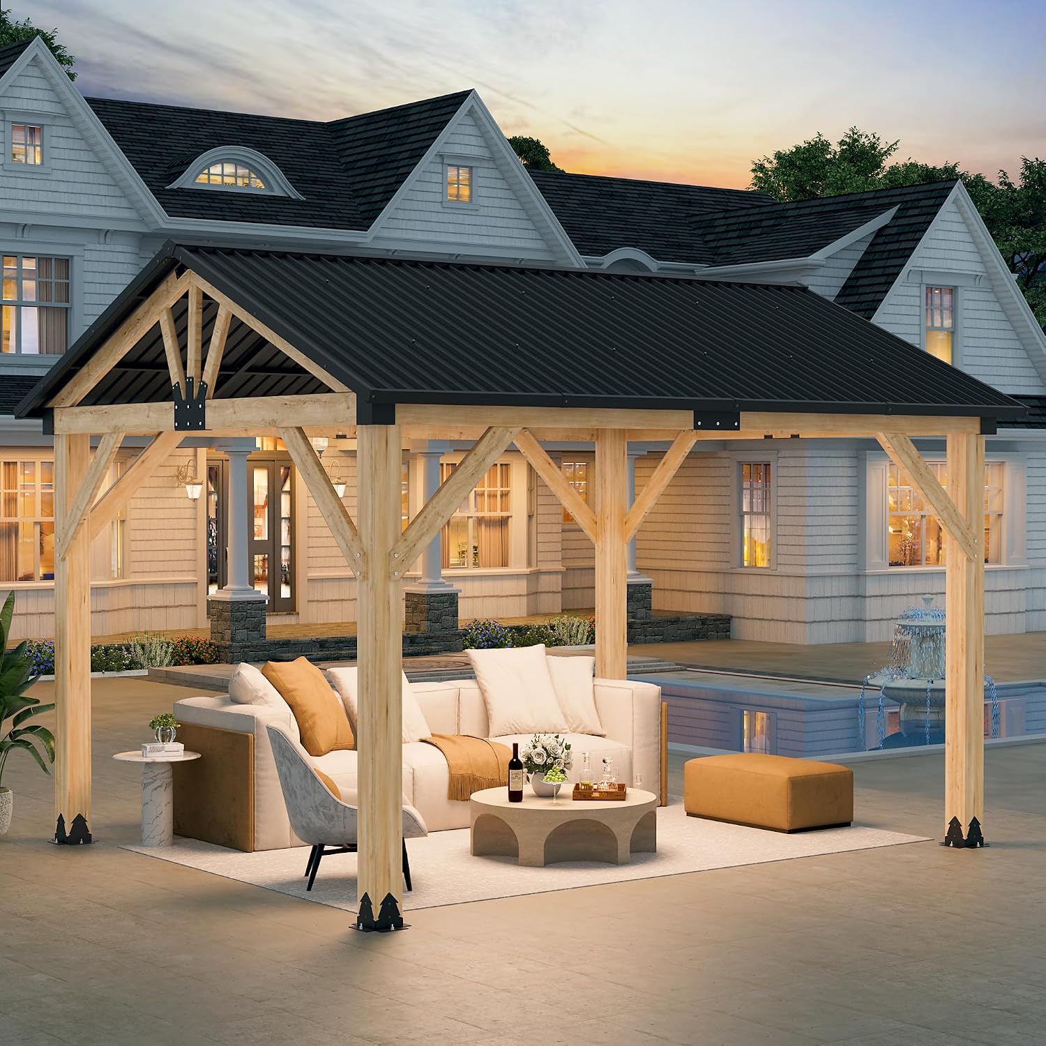 LVUYOYO 10' x 12' Wood Gazebo, Outdoor Hardtop Gazebo, Galvanized Steel Gable Roof Pergola, Outdoor Pavilion for Patio, Backyard, Garden, Deck