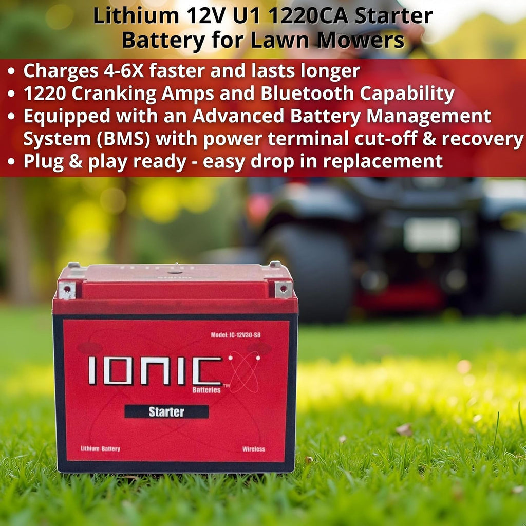 Ionic Lithium 12V Starter Battery for Zero-Turn Lawn Mowers - 12V Group U1 Battery with 1220CA - Bluetooth Capability - 9lbs - IC-12V30-S8