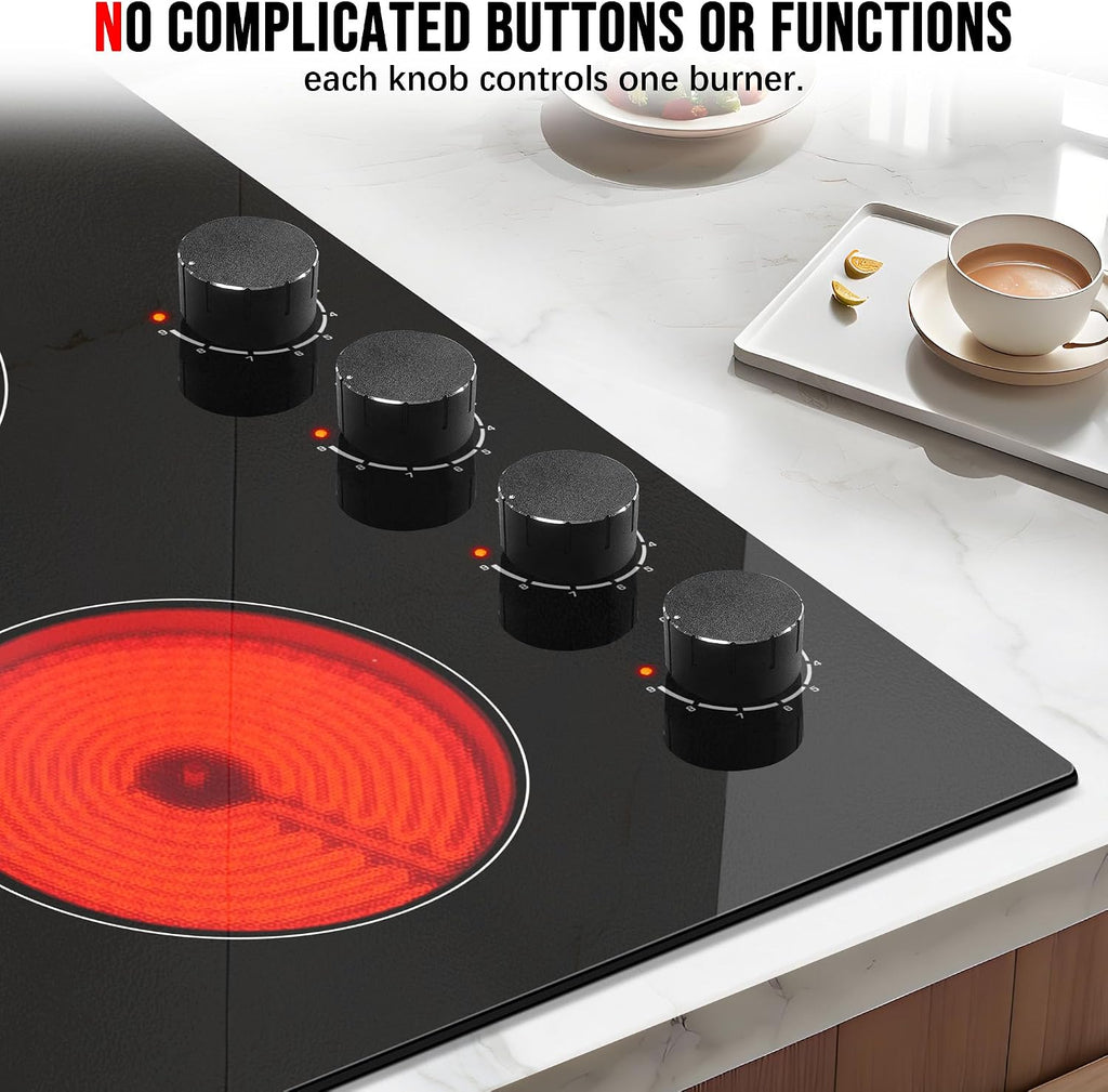 Karinear 4 Burner Electric Cooktop 24 Inch, Built-in Stove Top, 220-240v Radiant Cooktop with Knob Control, Residual Heat Indicator, Over-Temperature Protection, Hard Wire, Black Knob
