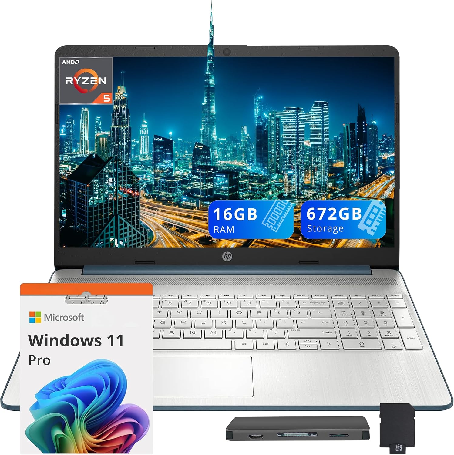 HP 15.6' FHD Laptop, AMD Ryzen 5-5500U, 16GB RAM, 672GB Storage (512GB SSD + 160GB Docking Station Set), AMD Radeon Graphics, Num Pad, Webcam, Bluetooth, Wi-Fi 5, Win 11 Pro, Blue