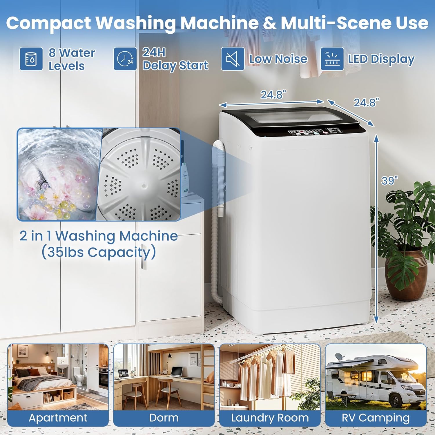 VCJ Portable Washing Machine, 35 LBS Large Capacity Full-Automatic Portable Washer with 12 Wash Cycles, 8 Water Levels & 24H Delay, Compact Electric Laundry Washer for Apartment, Dorms,RVs