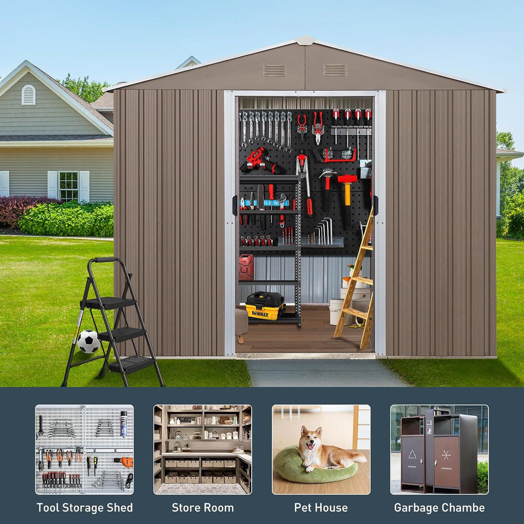 8 x 10 FT Outdoor Storage Shed, Metal Garden Shed with Floor Frame, Tool Sheds Outdoor Storage with Lockable Sliding Doors & Window & Air Vents, Storages House Waterproof for Backyard, Lawn, Gray
